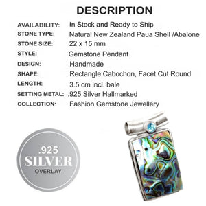 Natural New Zealand Abalone and Blue topaz Gemstone 925 Sterling Silver Pendant