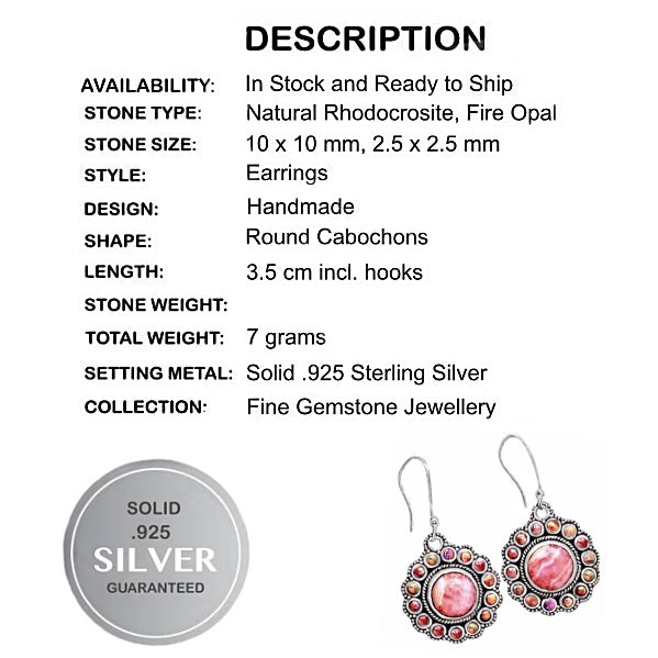 Natural Rhodochrosite, Fire Opal Gemstone Solid .925 Sterling Silver Earrings