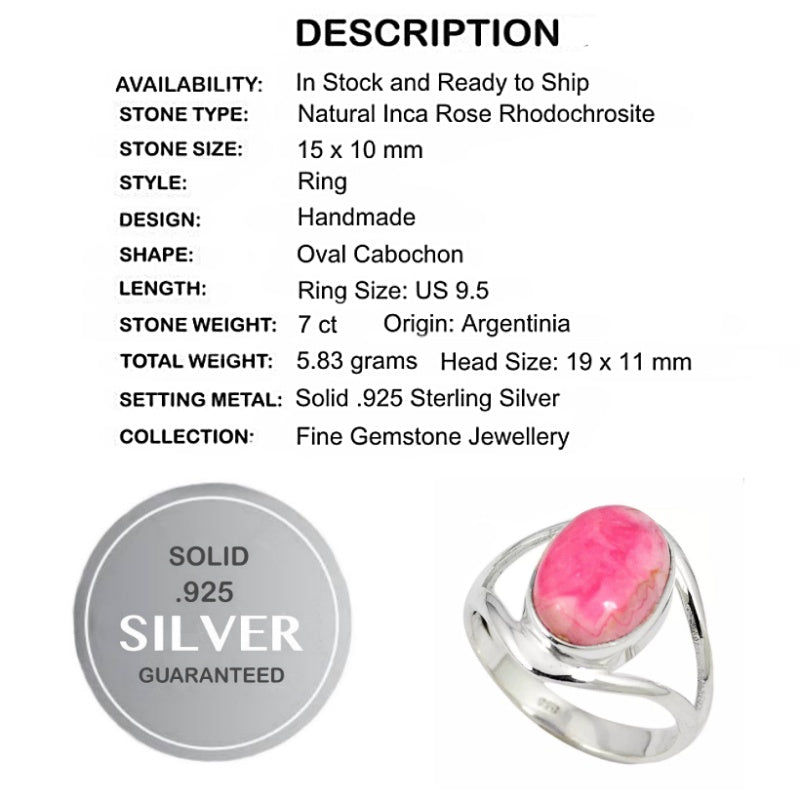 Natural Argentinian Inca Rose Rhodochrosite Solid .925 Silver Ring Size US 9.5