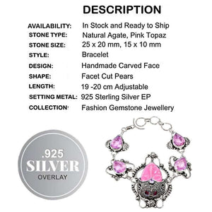 Carved Face Agate, Pink Topaz Gemstone .925 Sterling Silver Bracelet
