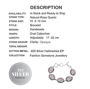 Natural Soft Pink Rose Quartz Gemstone .925 Silver Bracelet