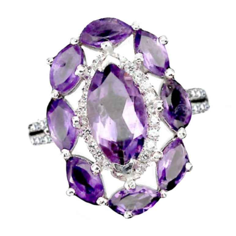 Natural Unheated Purple Amethyst and White Cubic Zirconia Solid .925 Sterling Silver Ring Size 8