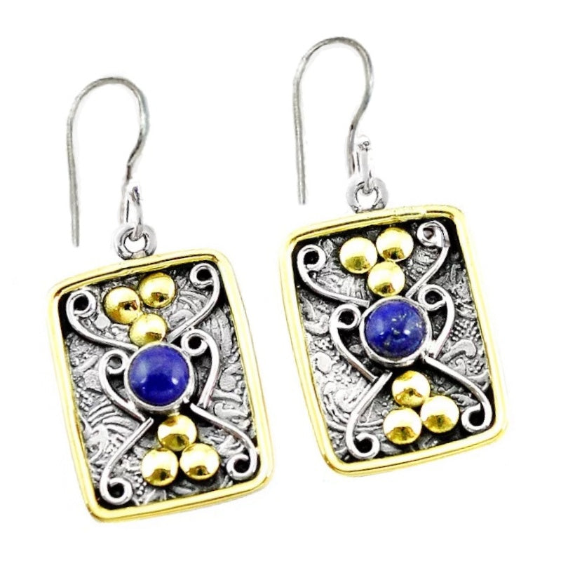 Victorian Two Tone Natural Lapis Lazuli Gemstone Solid .925 Silver Earrings