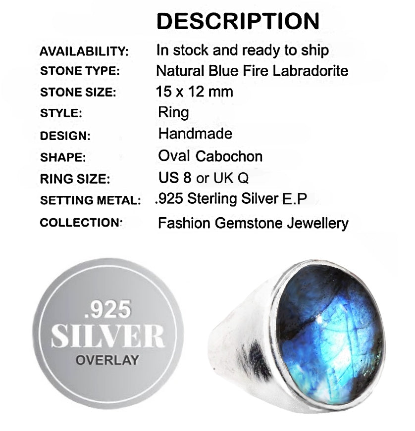 Natural Blue Fire Labradorite .925 Sterling Silver Ring Size 8