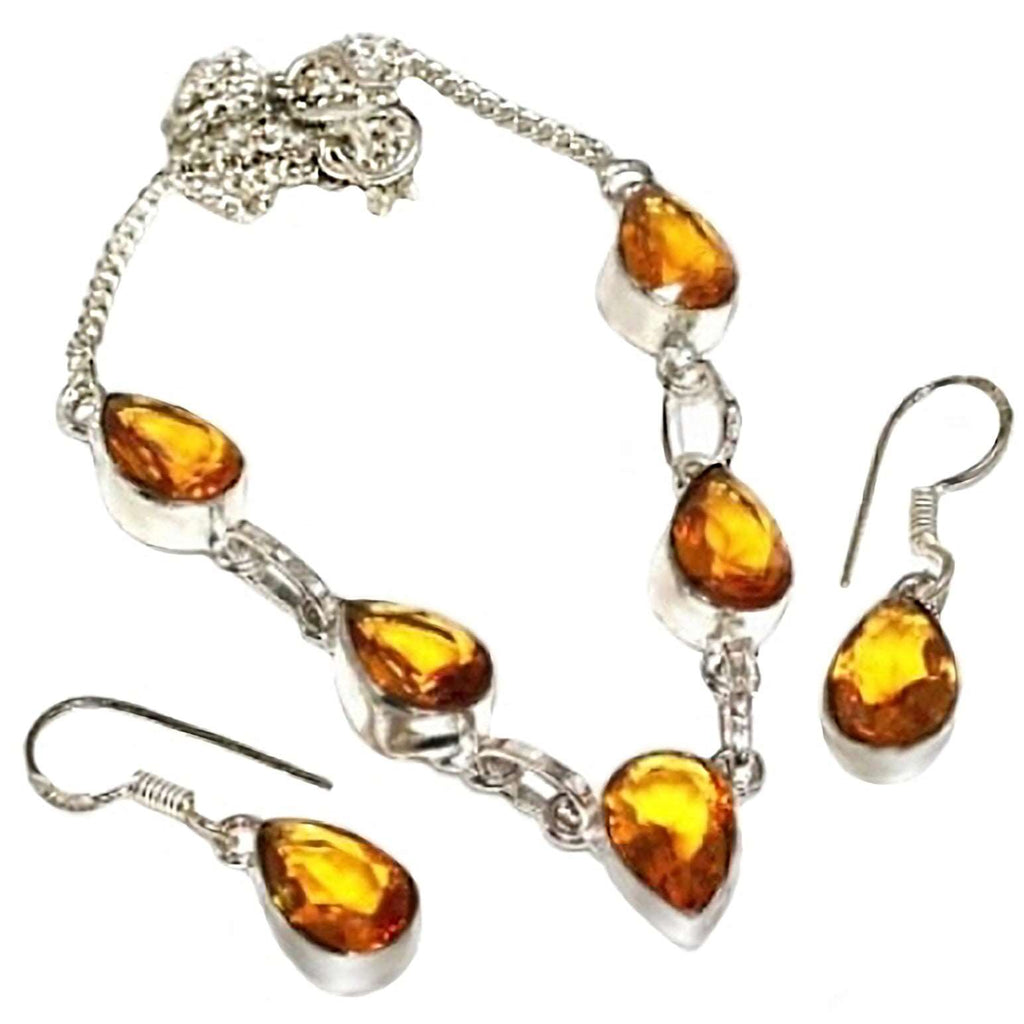Dainty Citrine Gemstone .925 Sterling Silver Necklace And Earrings Set - BELLADONNA
