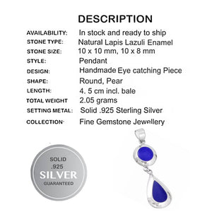 Natural Lapis Lazuli Gemstone Solid .925 Sterling Silver Pendant