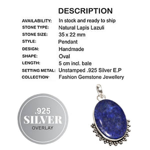 Handmade Victorian Style Natural Oval Lapis Lazuli, .925 Silver Plated Pendant