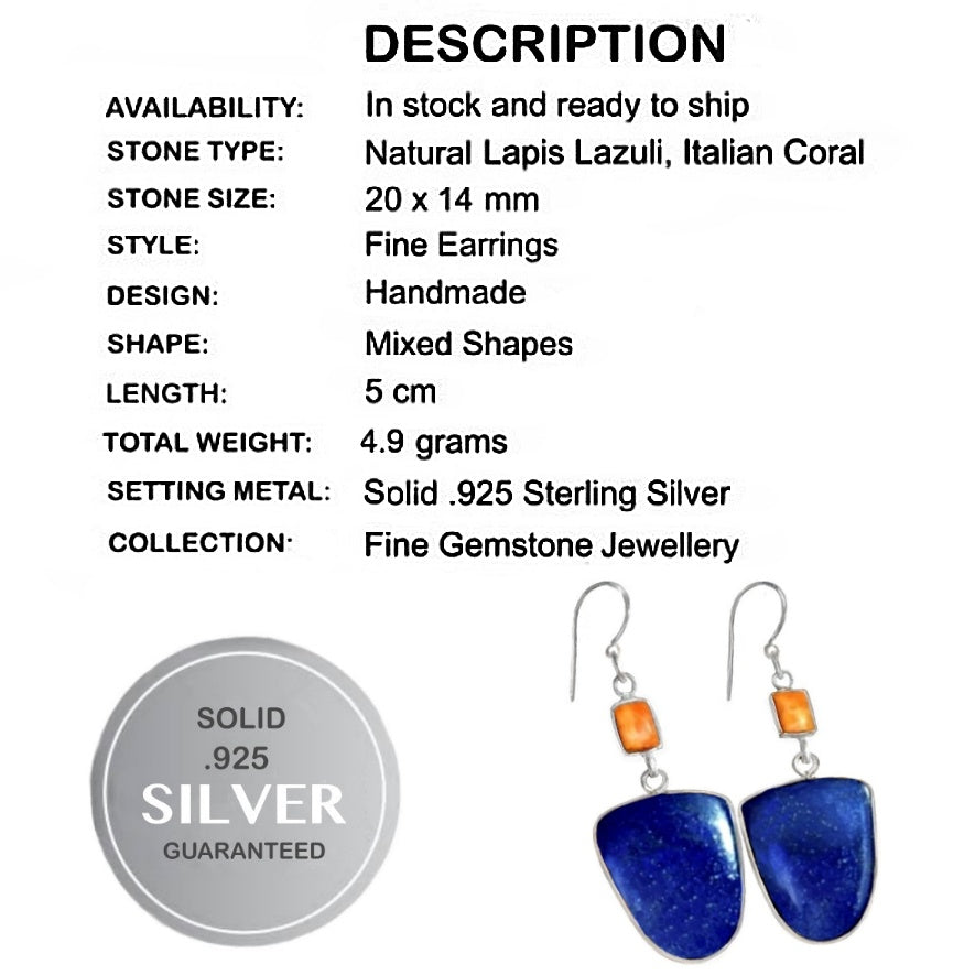 Natural Lapis Lazuli, Italian Coral Turquoise  Gemstone Solid .925 Silver Earrings