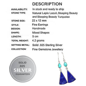 Natural Lapis Lazuli, Sleeping Beauty Turquoise  Gemstone Solid .925 Silver Earrings
