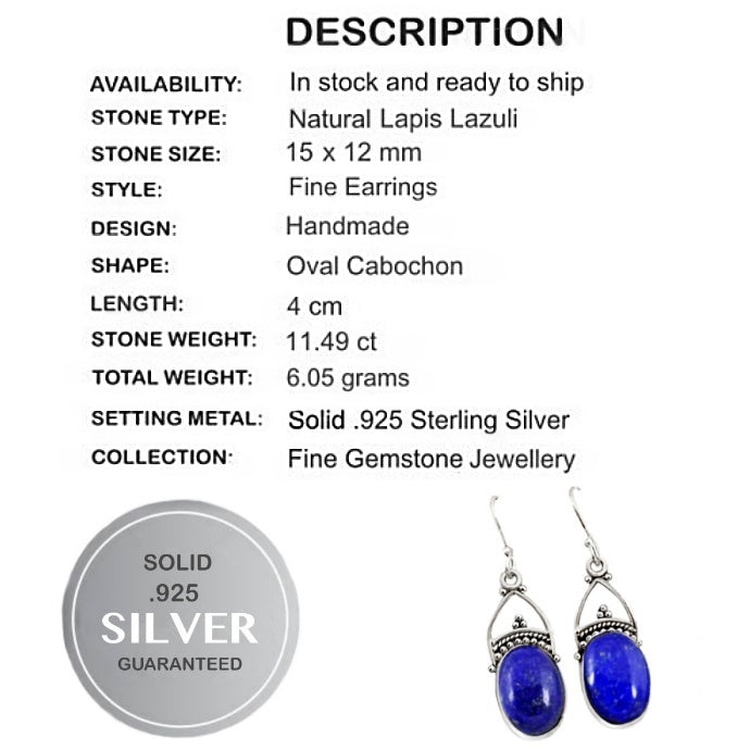 Natural Lapis Lazuli, Gemstone Solid .925 Silver Earrings