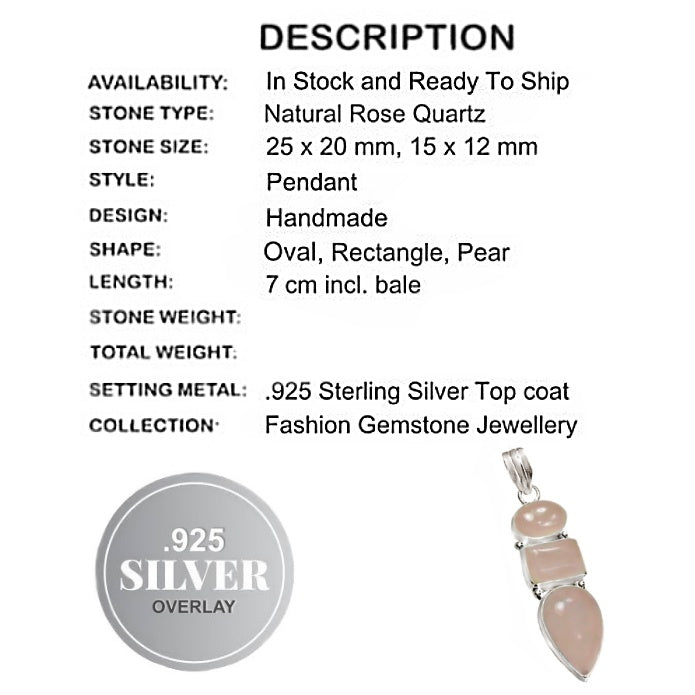 Natural Pink Rose Quartz Mixed Shapes Gemstone 925 Sterling Silver Pendant