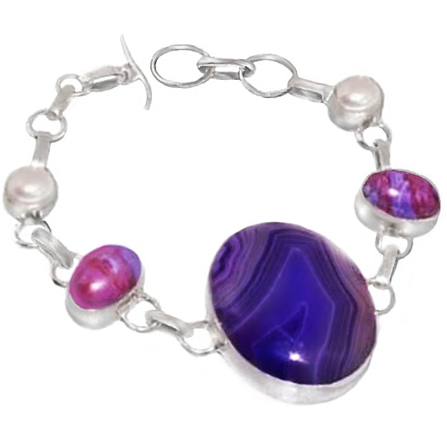 Natural Purple Botswana Lace Agate, Pearl and Mosaic Jasper Gemstone .925 Silver Bracelet
