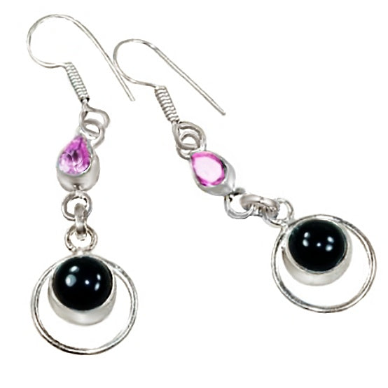 Handmade Natural Black Onyx and Pink Topaz Gemstone .925 Silver Earrings