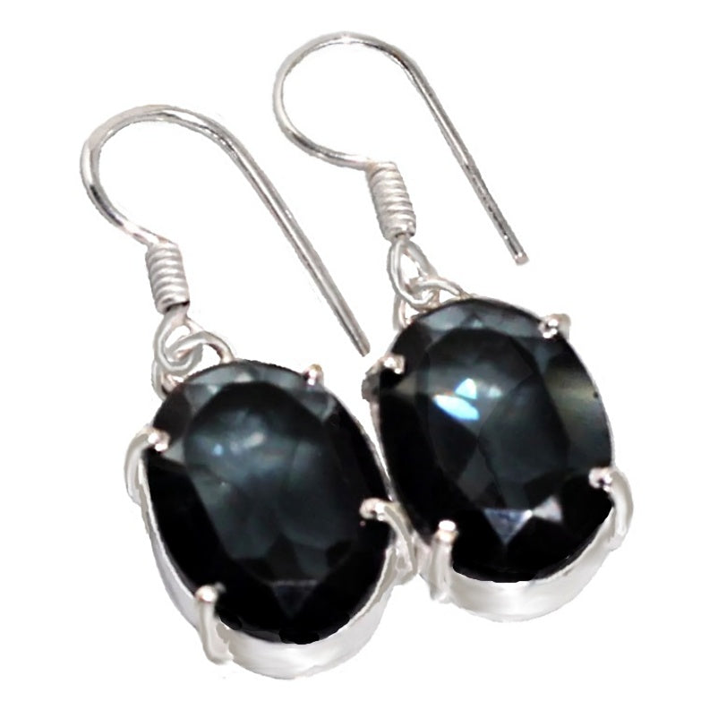 Handmade Black Spinel Oval Gemstone .925 Silver Drop Dangle Earrings