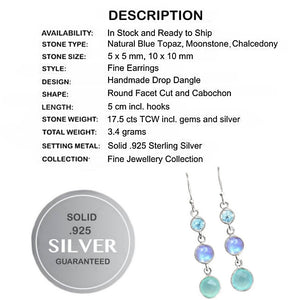 Natural Unheated Aqua Chalcedony, Blue Topaz , Rainbow Moonstone Gemstone Solid .925 S/ Silver Earrings