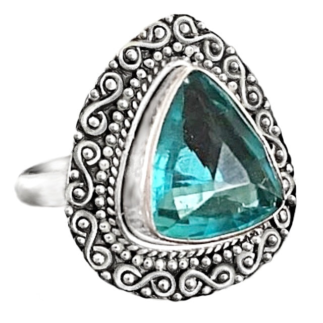 Indonesian -Bali 7.75 Cts Natural Swiss Blue Topaz Gemstone Solid .925 Silver Ring Size US 6.5 or  N-resizable
