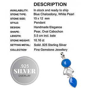 10.16cts Natural Blue Chalcedony, Pearl Solid .925 Sterling Silver Pendant