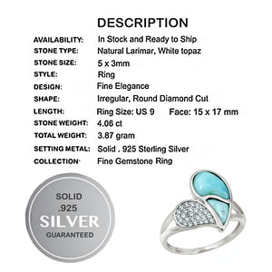 4.06 CT Natural Caribbean Larimar, White Topaz Solid .925 Sterling Silver Heart Ring Size US 9 or R1/2