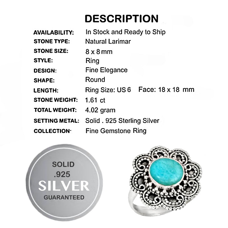 Natural Caribbean Larimar Gemstone Solid .925 Sterling Silver Ring Size 6 or M