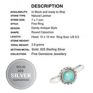 Dainty Natural Unheated Larimar Round Gemstone Solid .925 Sterling Silver Ring Size US 8.5 or UK  Q1/2