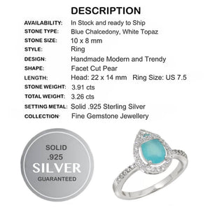 Natural Aqua Blue Chalcedony , White Topaz Gemstone Solid .925 Silver Ring Size US 7.5