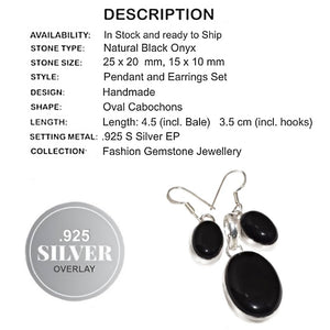 Natural Oval Black Onyx .925 Silver Pendant & Earrings Set