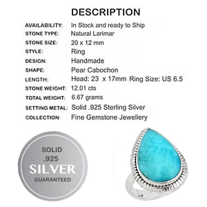 20 x 12 mm Natural Caribbean Larimar Pear Solid .925 Sterling Silver Ring Size US 6.5 or N