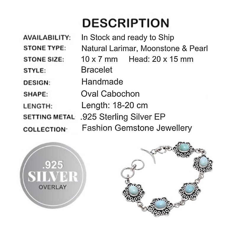 Natural Caribbean Larimar Gemstone .925 Sterling Silver Bracelet