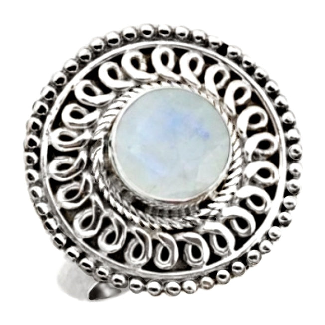 Indonesian Bali- Java Natural Rainbow Moonstone Gemstone Solid .925 Sterling Silver Ring Size US 7 or O