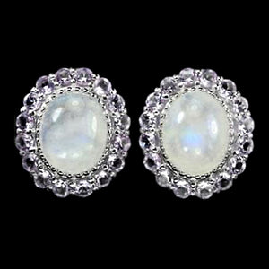 Deluxe Natural Blue Schiller Moonstone, 32 Purple Amethyst Gemstones Solid .925 Silver 14K White Gold Earrings