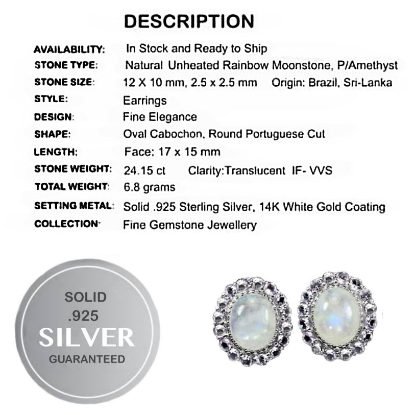 Deluxe Natural Blue Schiller Moonstone, 32 Purple Amethyst Gemstones Solid .925 Silver 14K White Gold Earrings