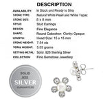7.54 Cts Natural Freshwater White Pearl, White Topaz Solid .925 Silver Stud Earrings