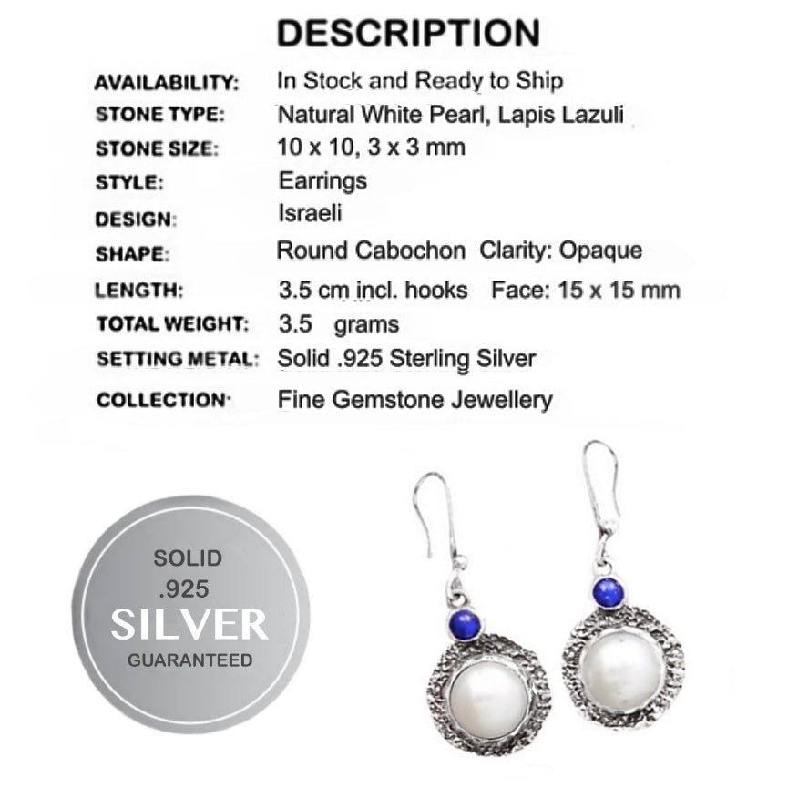 Israeli- Natural Freshwater White Pearl , Lapis Lazuli Solid .925 Sterling Silver Earrings