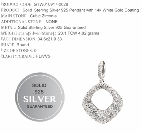 AAA Cubic Zirconia Solid .925 Sterling Silver Pendant - BELLADONNA