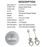9.62 Cts Natural White Pearl and Textured Heart Drop Dangle Solid .925 Sterling Silver Fine Earrings