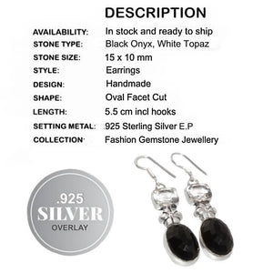 Handmade Black Onyx & White Topaz Gemstone and Floral Accent .925 Silver Earrings