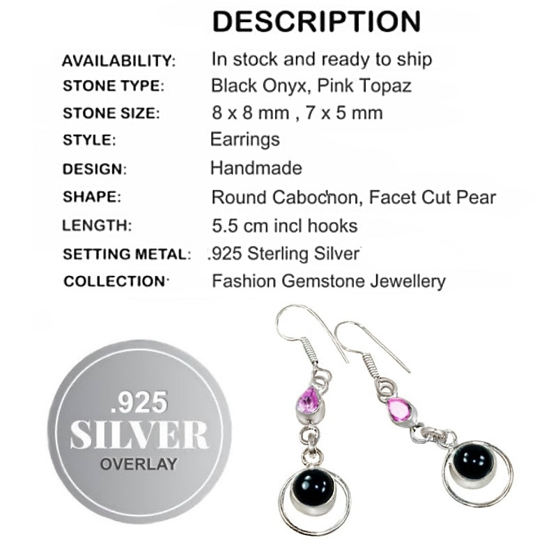Handmade Natural Black Onyx and Pink Topaz Gemstone .925 Silver Earrings