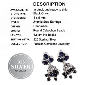 Handmade Blue Sapphire Quartz, Black Onyx (Jhumki) Gemstone Silver Stud Earrings