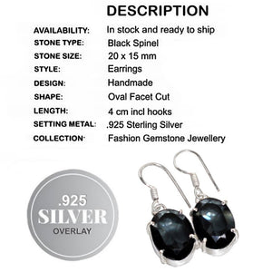 Handmade Black Spinel Oval Gemstone .925 Silver Drop Dangle Earrings