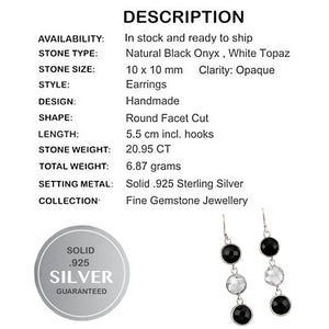 Natural Black Onyx, White Topaz Gemstone Solid .925 Silver Earrings