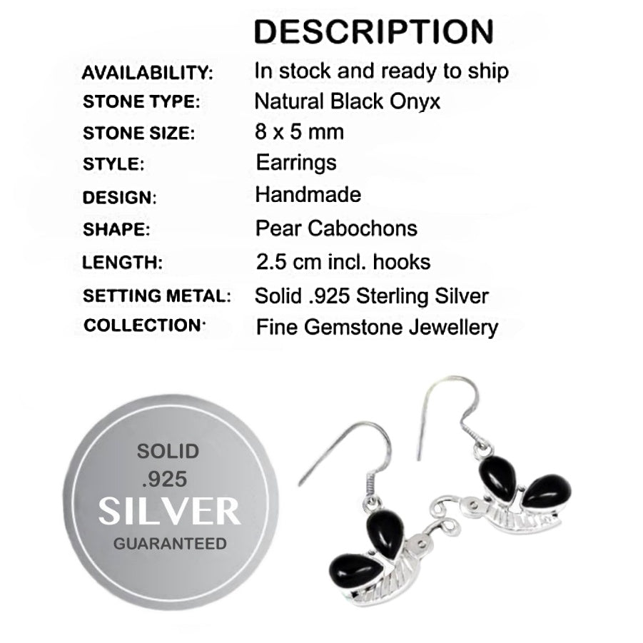 Natural Black Onyx Butterfly Design Solid .925 Sterling Silver Earrings