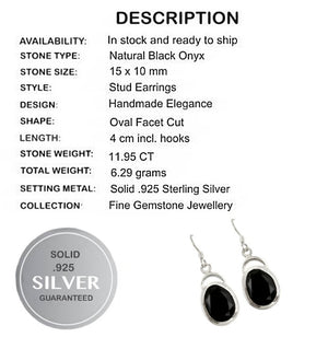 Natural Black Onyx Gemstone Solid .925 Silver Earrings - BELLADONNA