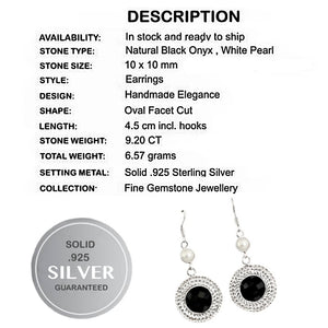 Natural Black Onyx, Pearl Gemstone Solid .925 Silver Earrings