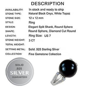 3 Cts Natural Black Onyx , White Topaz Solid .925 Silver Ring Size 7 or O - BELLADONNA