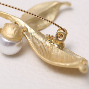 Modern Twig Leaf And Pearl Design with White Cubic Zirconia Brooch Pin in Gold or Silver - BELLADONNA