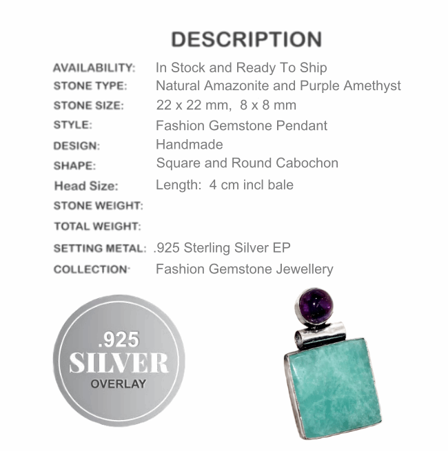 Natural Amazonite and Purple Amethyst Gemstone .925 Sterling Silver Pendant - BELLADONNA
