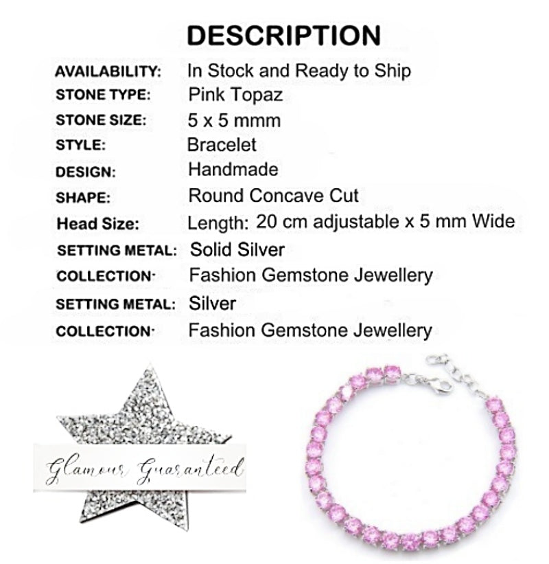 5 mm Round Pink Topaz Gemstone Tennis bracelet set in Silver Bracelet