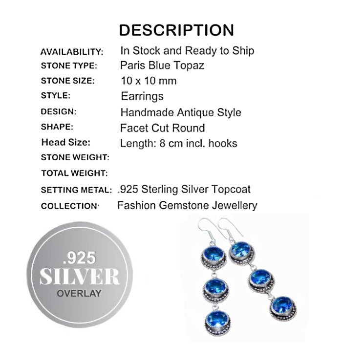 Extra Long Blue Topaz Gemstone .925 Sterling Silver Earrings