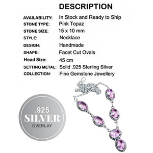 Exquisite Faceted Pink Topaz Oval Gemstones .925 Silver Necklace