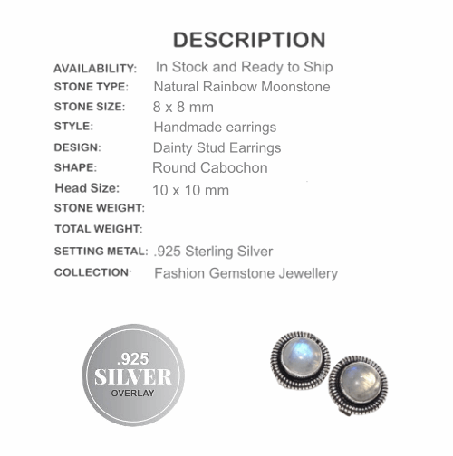Dainty Natural Rainbow Moonstone Gemstone .925 Silver Stud Earrings - BELLADONNA
